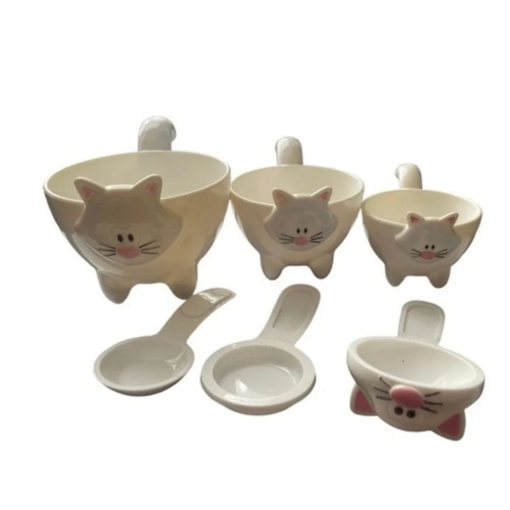 Nesting Kitty Cat Measuring Cups and Spoons Set 6pc White‎ Pink Black Kitchen